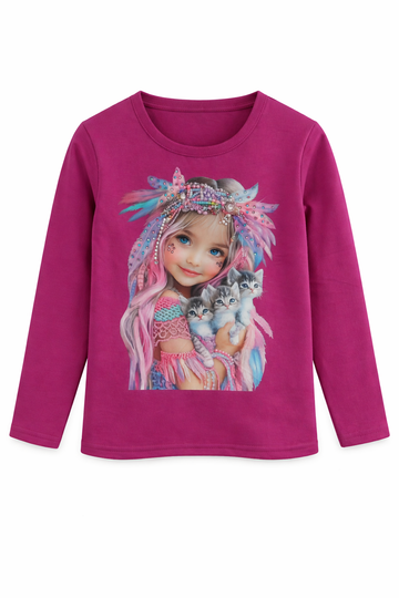 Bluzka dziewczęca z kotkami, cyrkonie amarant Lidia 1217-30126-62