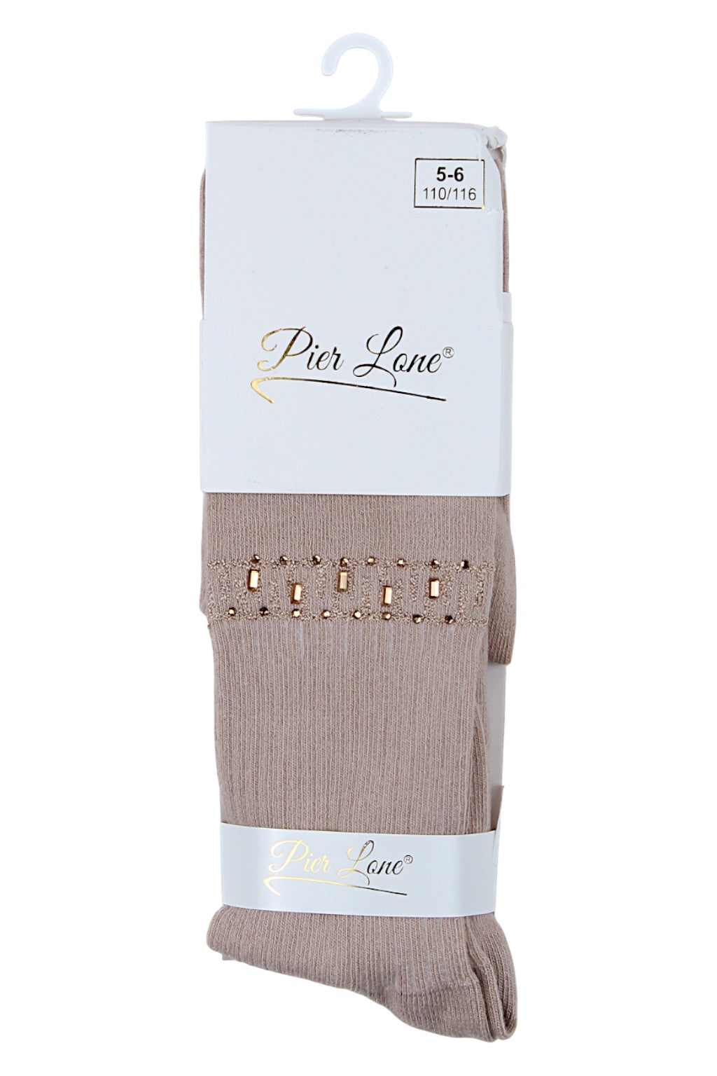 Mädchenstrumpfhose aus Baumwolle mit Zickzackmuster und Strasssteinen, beige, Pier Lone 2008-81025-1