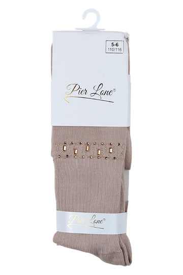 Mädchenstrumpfhose aus Baumwolle mit Zickzackmuster und Strasssteinen, beige, Pier Lone 2008-81025-1