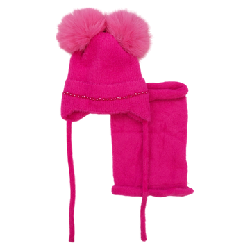 Set aus Mütze mit Schlauchschal, 2 Pompons, Mädchen fuchsia, Ambra D68-241024-21