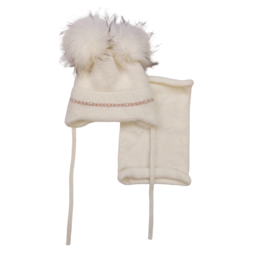 Set Mütze mit Schlauchschal, 2 Bommeln, Girly Cream, Ambra D68-241024-28