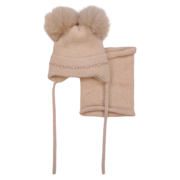 Set aus Mütze mit Schal, 2 Bommeln, mädchenhaft beige, Ambra D68-241024-40