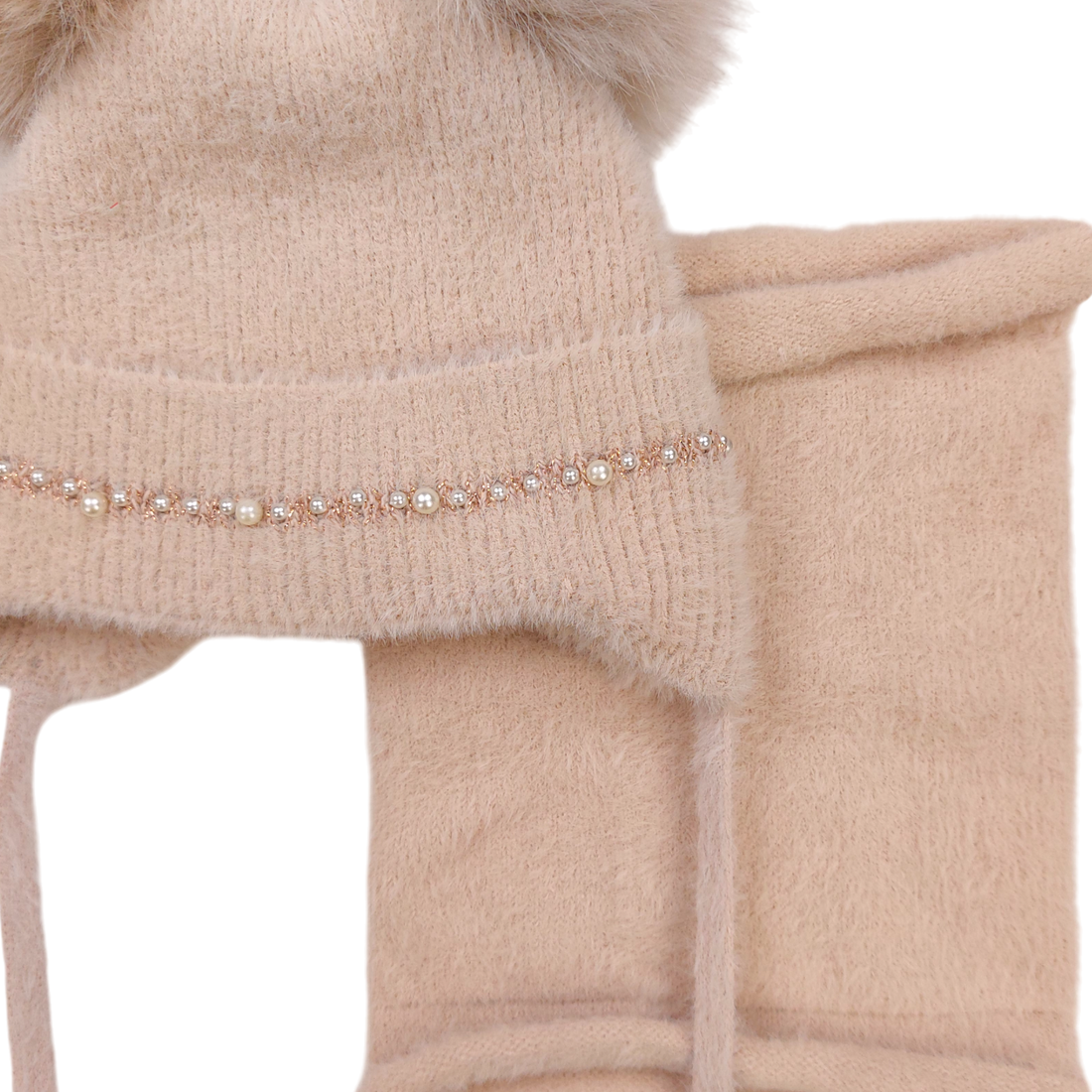 Set aus Mütze mit Schal, 2 Bommeln, mädchenhaft beige, Ambra D68-241024-40