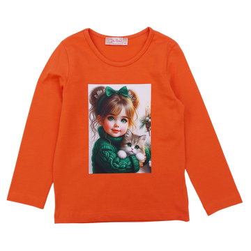 Baumwollbluse mit Katze für Mädchen, orange Your Word 5462-191024-51