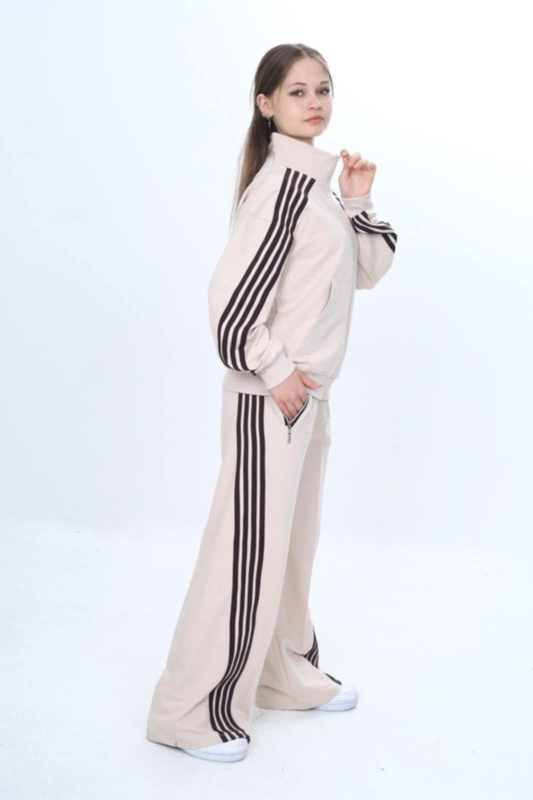 Mädchen-Trainingsanzug, beige mit Streifen, VizViz 304-23725