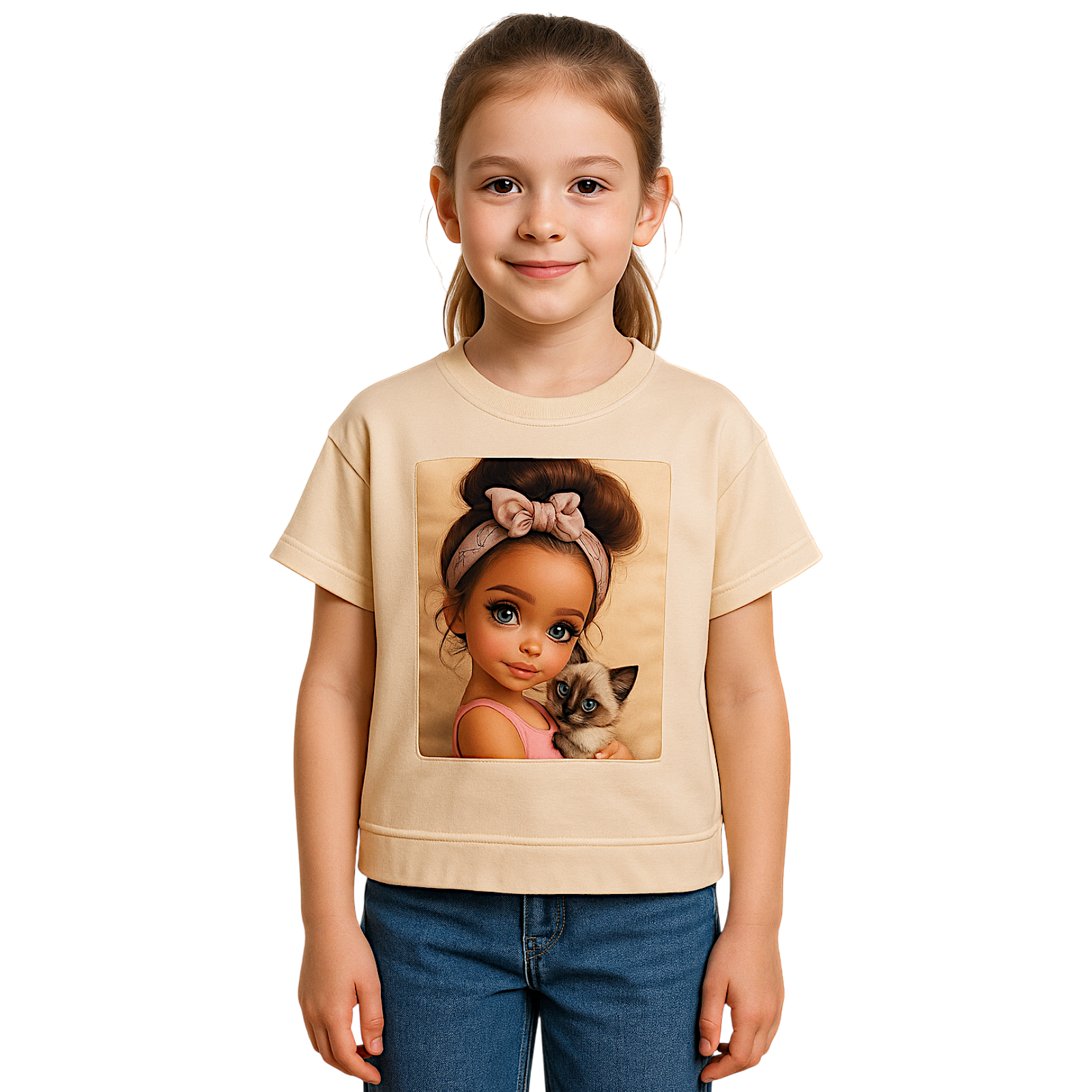 Beige Mädchenbluse mit Katzenmotiv Dresmoda 3421-30525-1