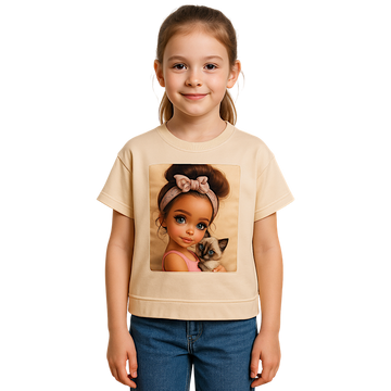 Beige Mädchenbluse mit Katzenmotiv Dresmoda 3421-30525-1