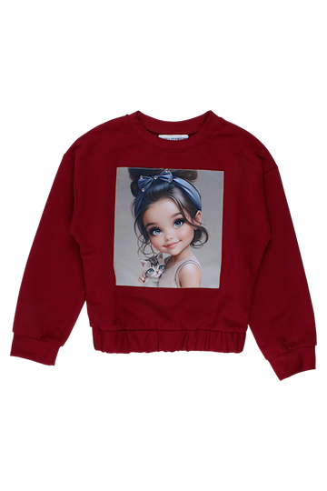 Mädchen-Sweatshirt mit Katzenmotiv, bordeauxrot, Guliwerkids 4113-28825