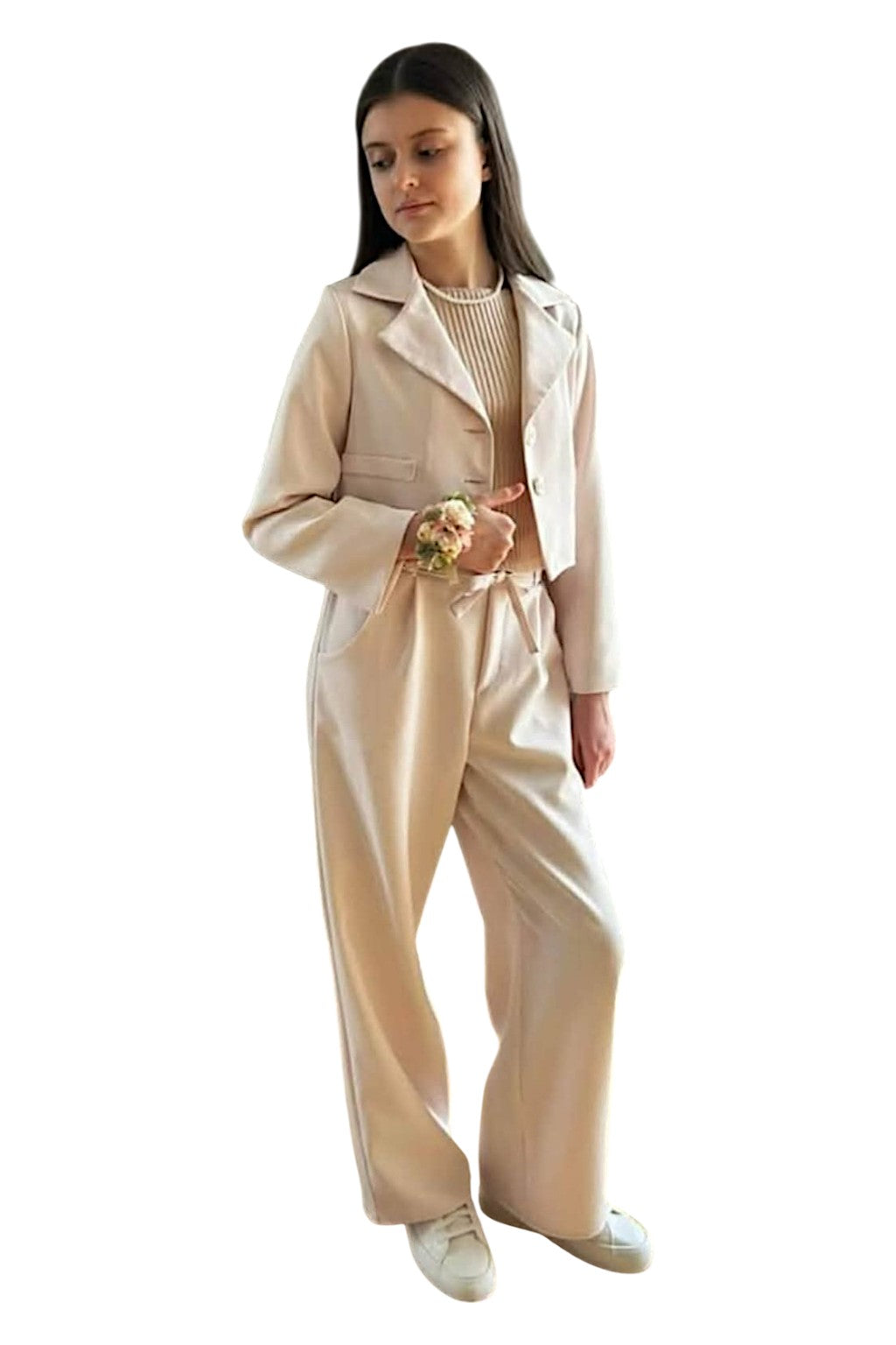 Garnitur marynarka i spodnie dziewczęcy puder Tylkomet 4354-12326-38