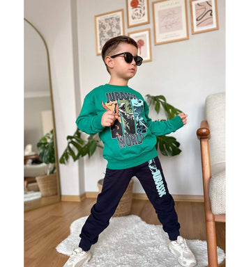 Grüner 2-teiliger Trainingsanzug für Jungen mit Dinosaurier-Sweatshirt und Hose Kocak 1124-71024