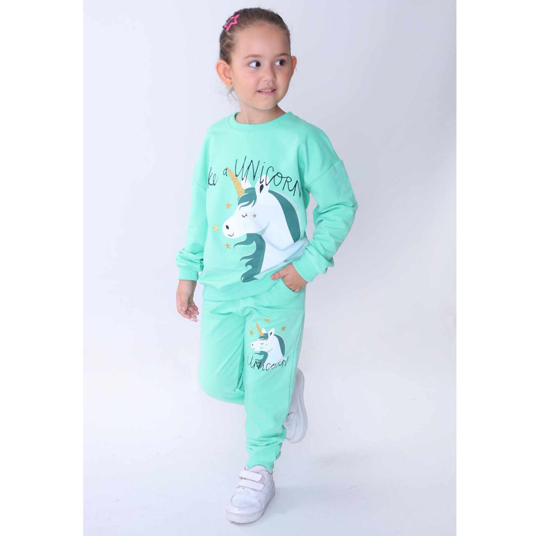 2-teiliger Trainingsanzug für Mädchen, Sweatshirt und Hose, grün, Stella Kids 914-71024