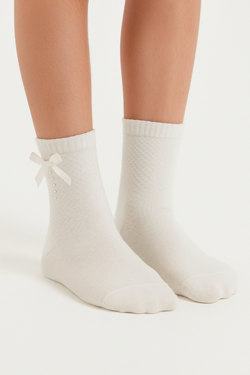 Cremefarbene Mädchensocken mit Schleife und Zirkonia Pier Lone P-2883-3625