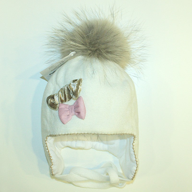 Schülermütze Caren mit Waschbär, creme/pink